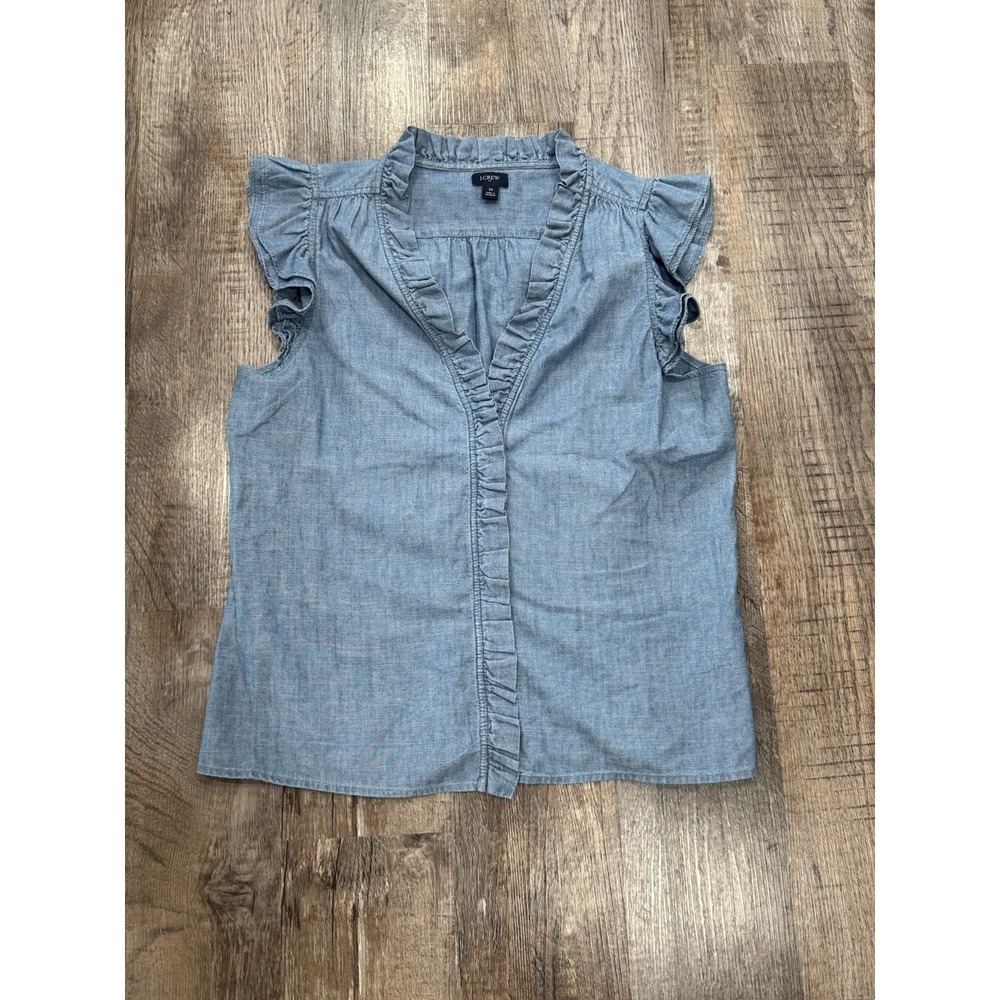 J Crew Chambray Ruffle Blouse Womens Medium Blue Sleeveless Casual Top Boho
